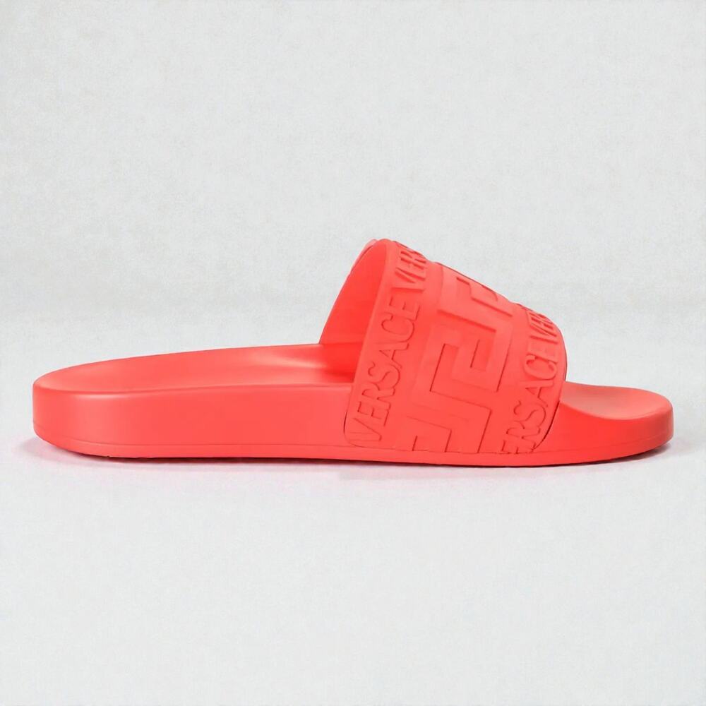 NIB Versace "La Greca" Print Embossed Red Pool Slides Size EU41 US8